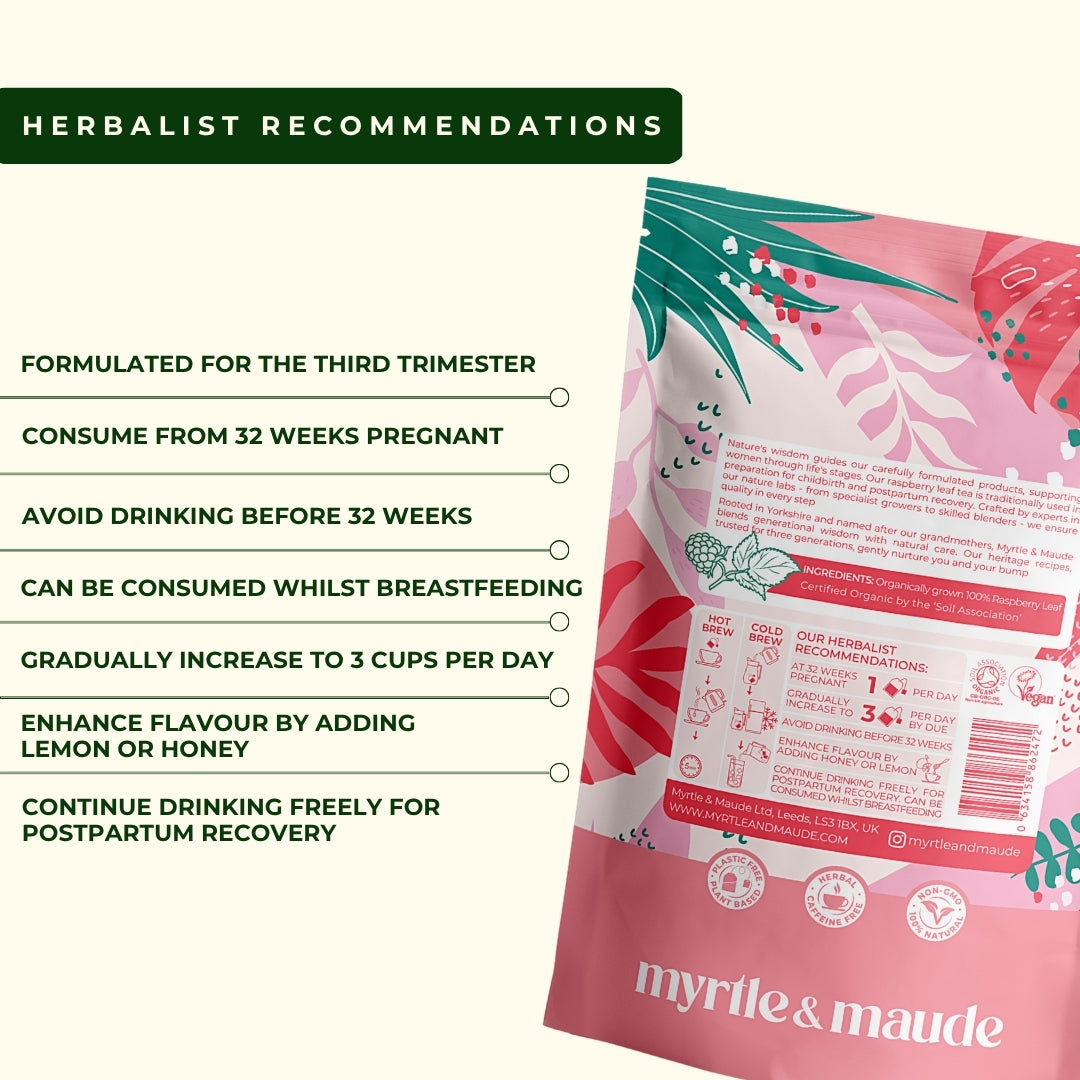 Herbalist recommendations for raspberry leaf labour tea - third trimester use from 32 weeks, gradually increase to 3 cups daily