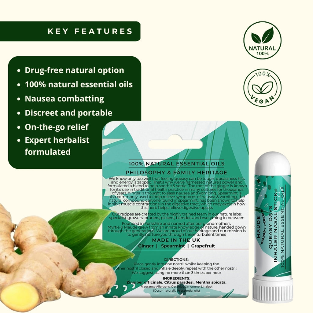 Drug-free natural morning sickness nasal inhaler with 100% natural essential oils for nausea relief - portable aromatherapy stick formulated by expert herbalist for pregnant women