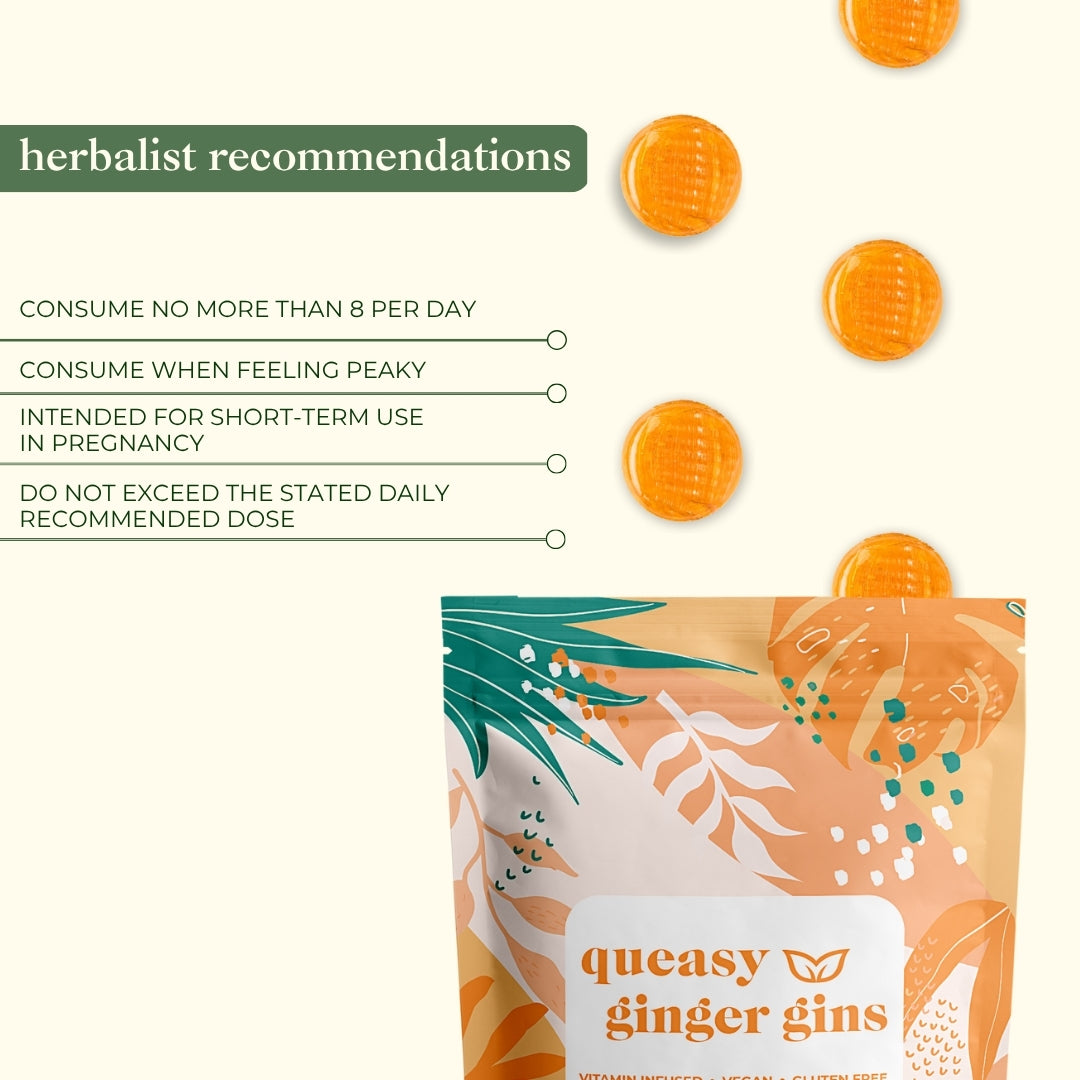 Herbalist recommendations for Myrtle &amp; Maude ginger gins - consume maximum 8 per day when feeling nauseous during pregnancy, short-term use