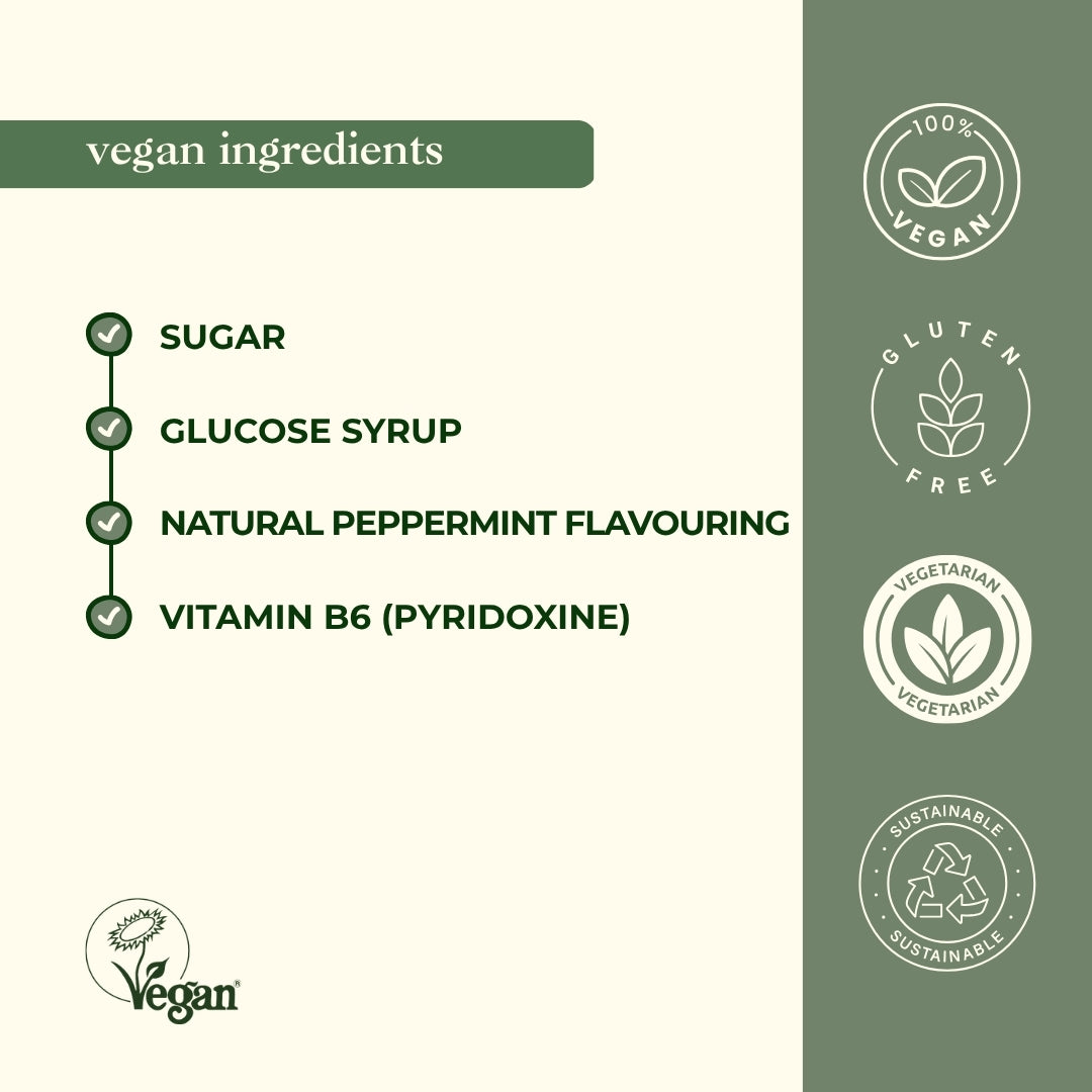 Vegan Ingredients List for Morning Sickness Sweets - Sugar, Peppermint, Vitamin B6 Pregnancy Safe