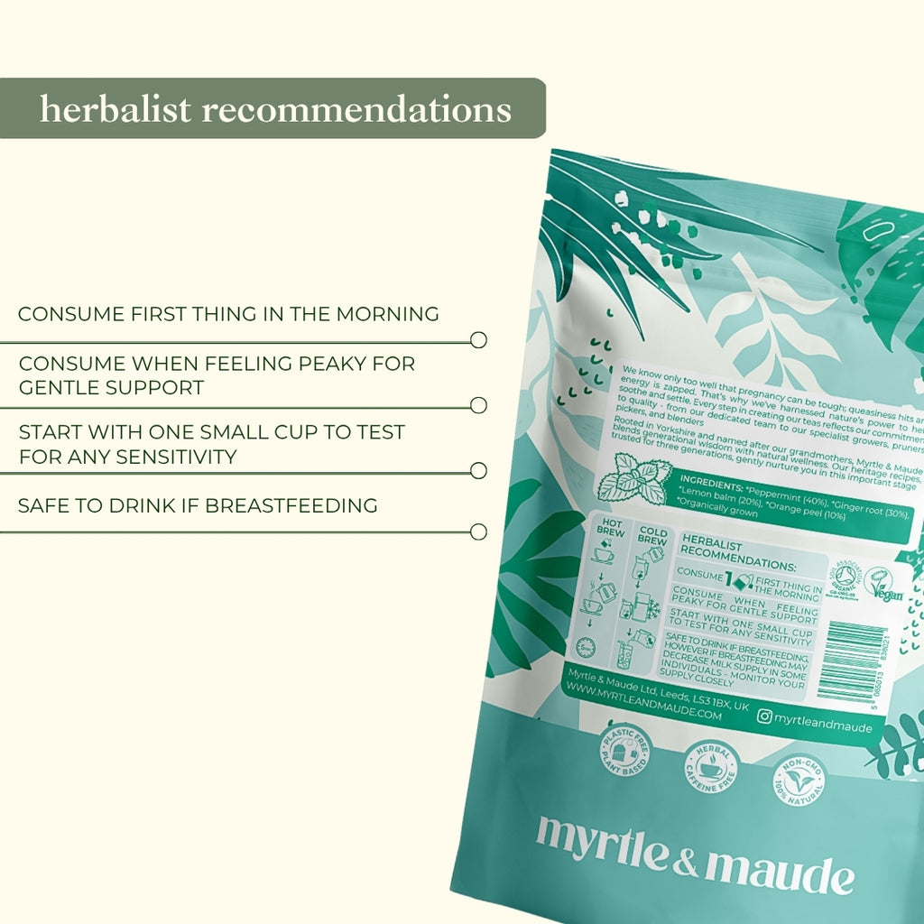 Herbalist recommendations for morning sickness tea - consume first thing in morning when feeling nauseous, safe for breastfeeding, gentle pregnancy support