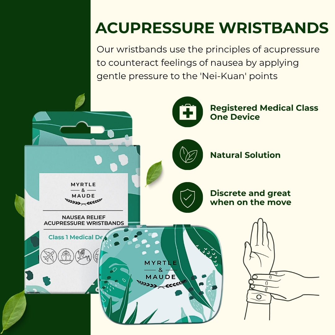Acupressure wristbands using Nei-Kuan pressure points to counteract nausea - registered Class 1 medical device, natural solution, discreet portable relief
