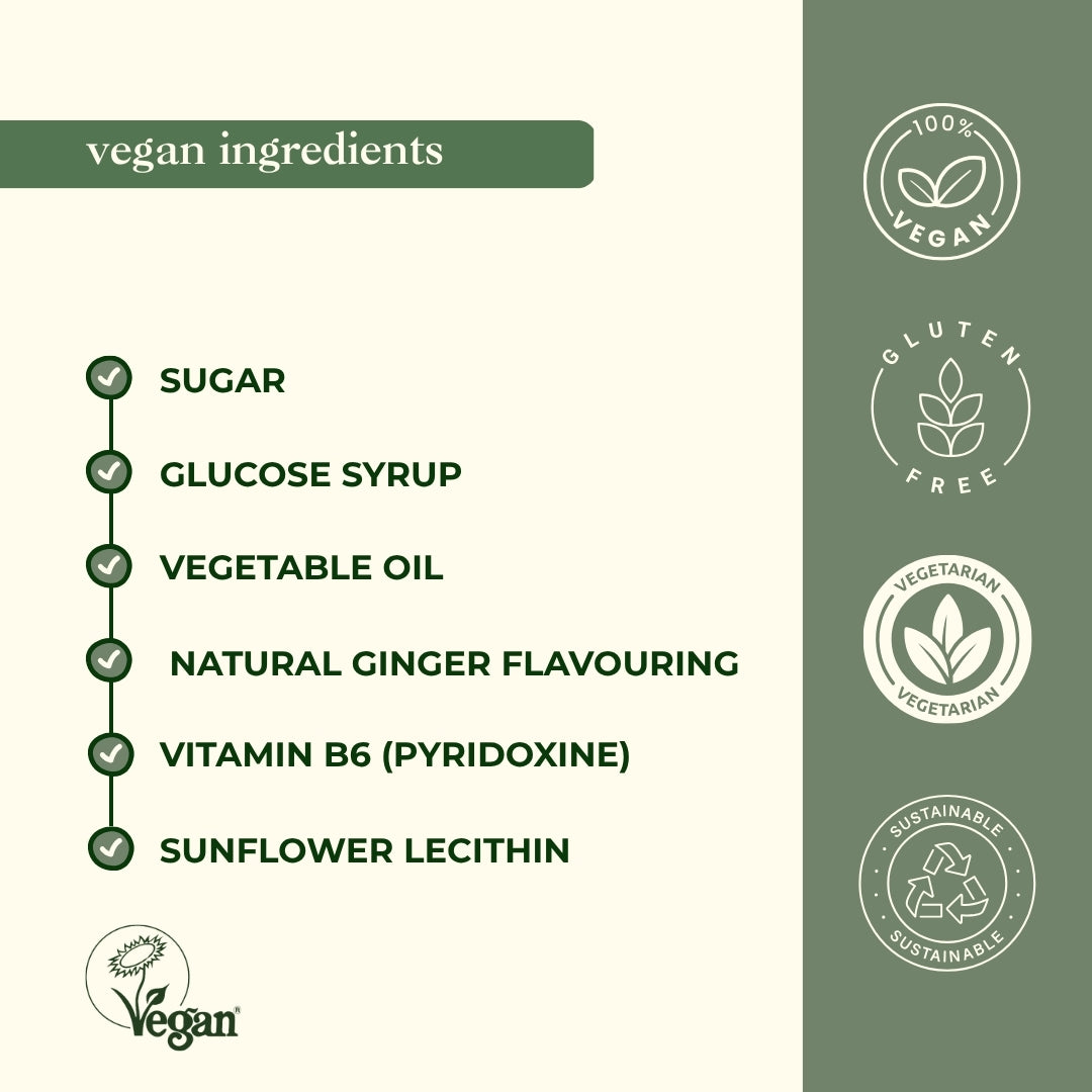 100% vegan ingredients list for morning sickness ginger gins including natural ginger flavoring, Vitamin B6 pyridoxine, certified vegan and gluten free
