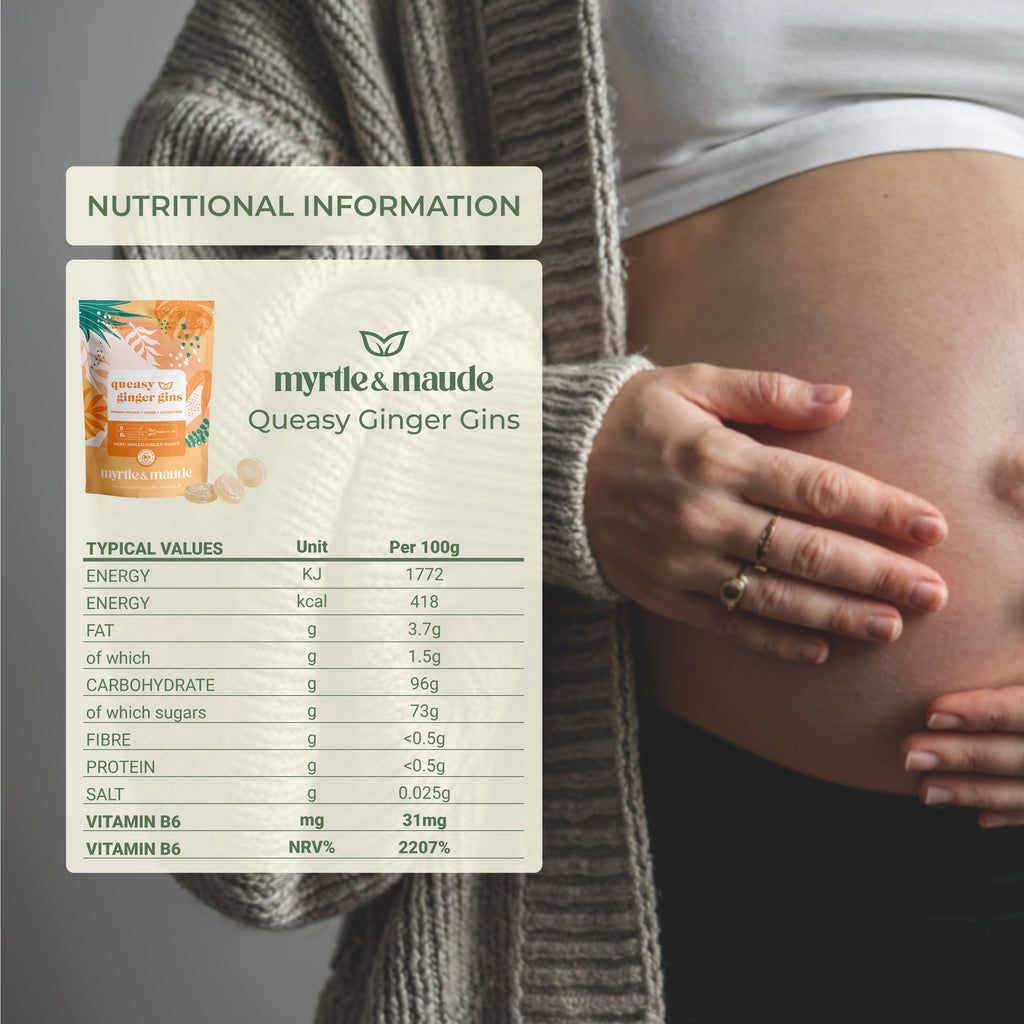 Nutritional information for Myrtle & Maude queasy ginger gins - vitamin B6 2207% NRV per serving for pregnancy morning sickness support