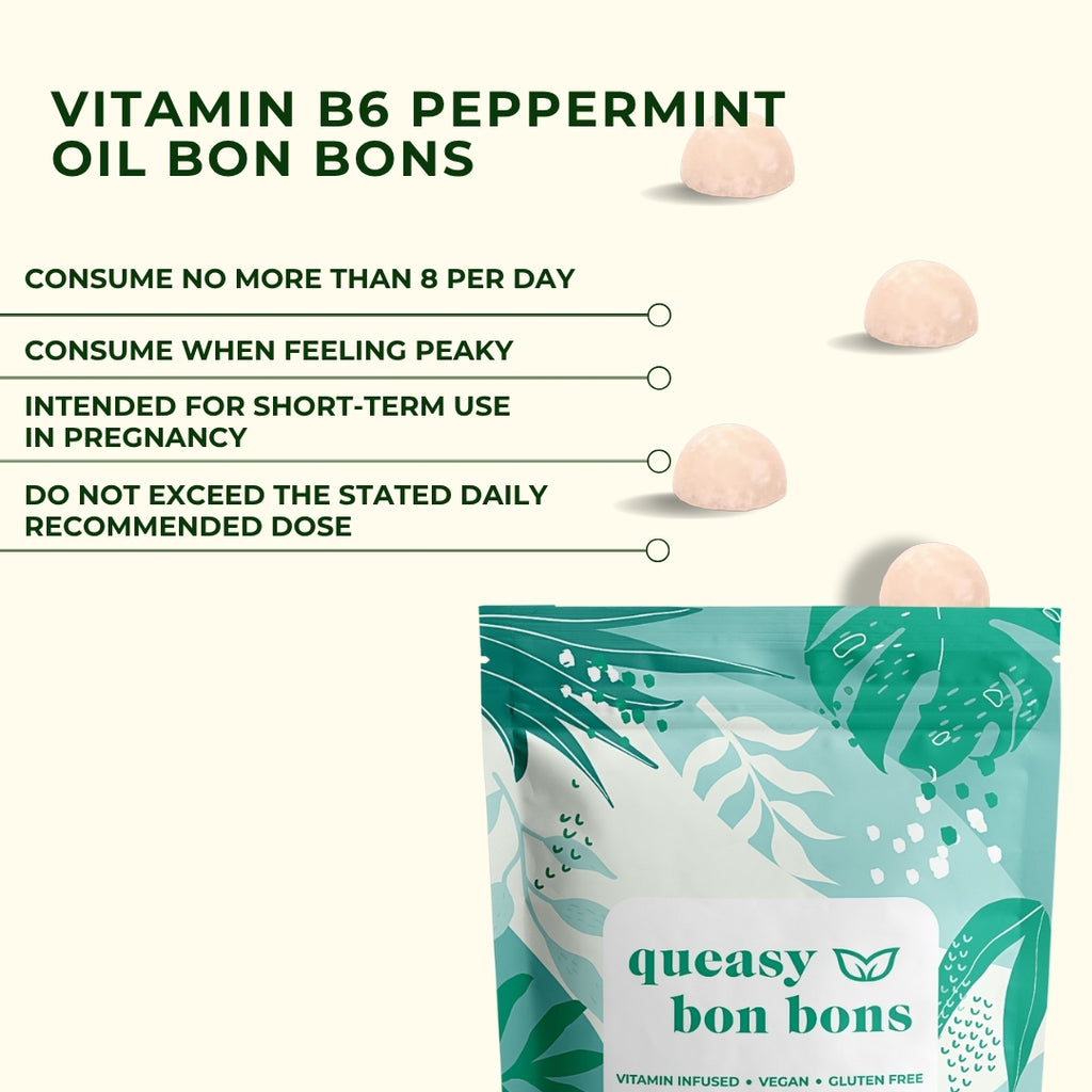 Vitamin B6 peppermint oil bon bons for pregnancy morning sickness - soft herbal sweets with vitamin B6 for nausea relief, vegan and gluten-free pregnancy supplements by Myrtle & Maude