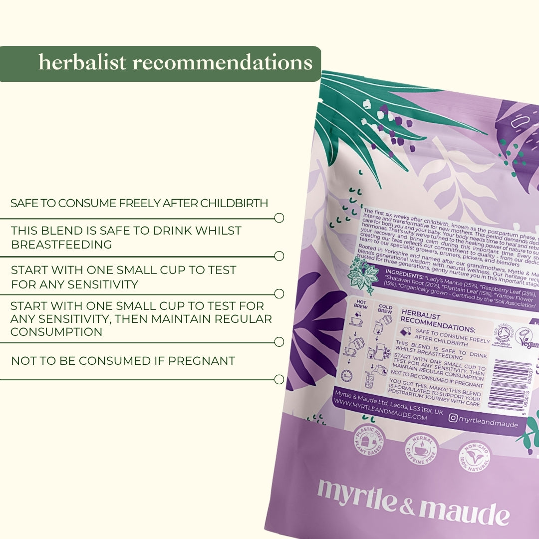 Postpartum recovery tea herbalist recommendations - safe to consume after childbirth, safe while breastfeeding, start with small cup to test sensitivity, maintain regular consumption for optimal postnatal recovery