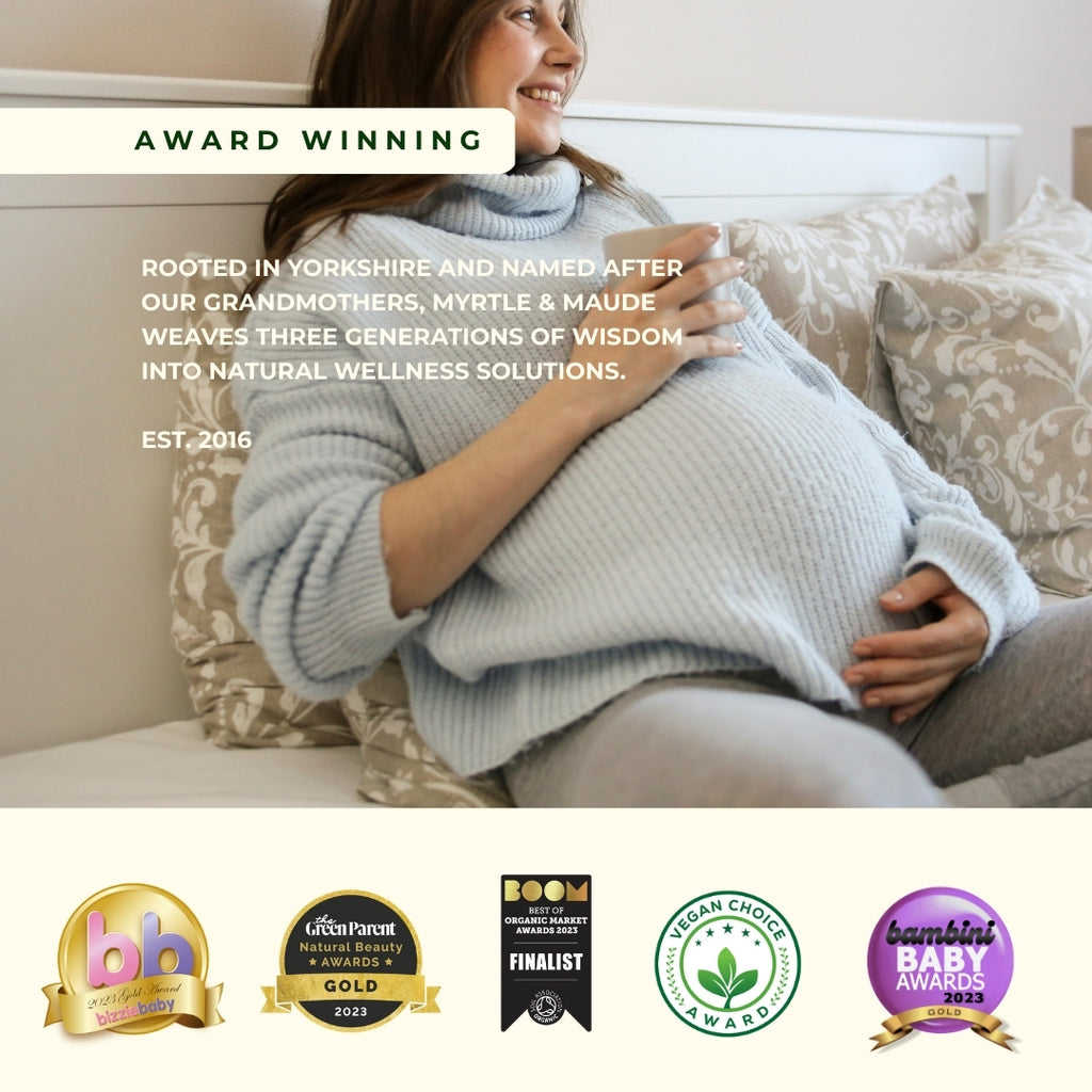 Award-winning Myrtle & Maude pregnancy wellness products established 2016, Yorkshire-based natural aromatherapy company with multiple industry awards
