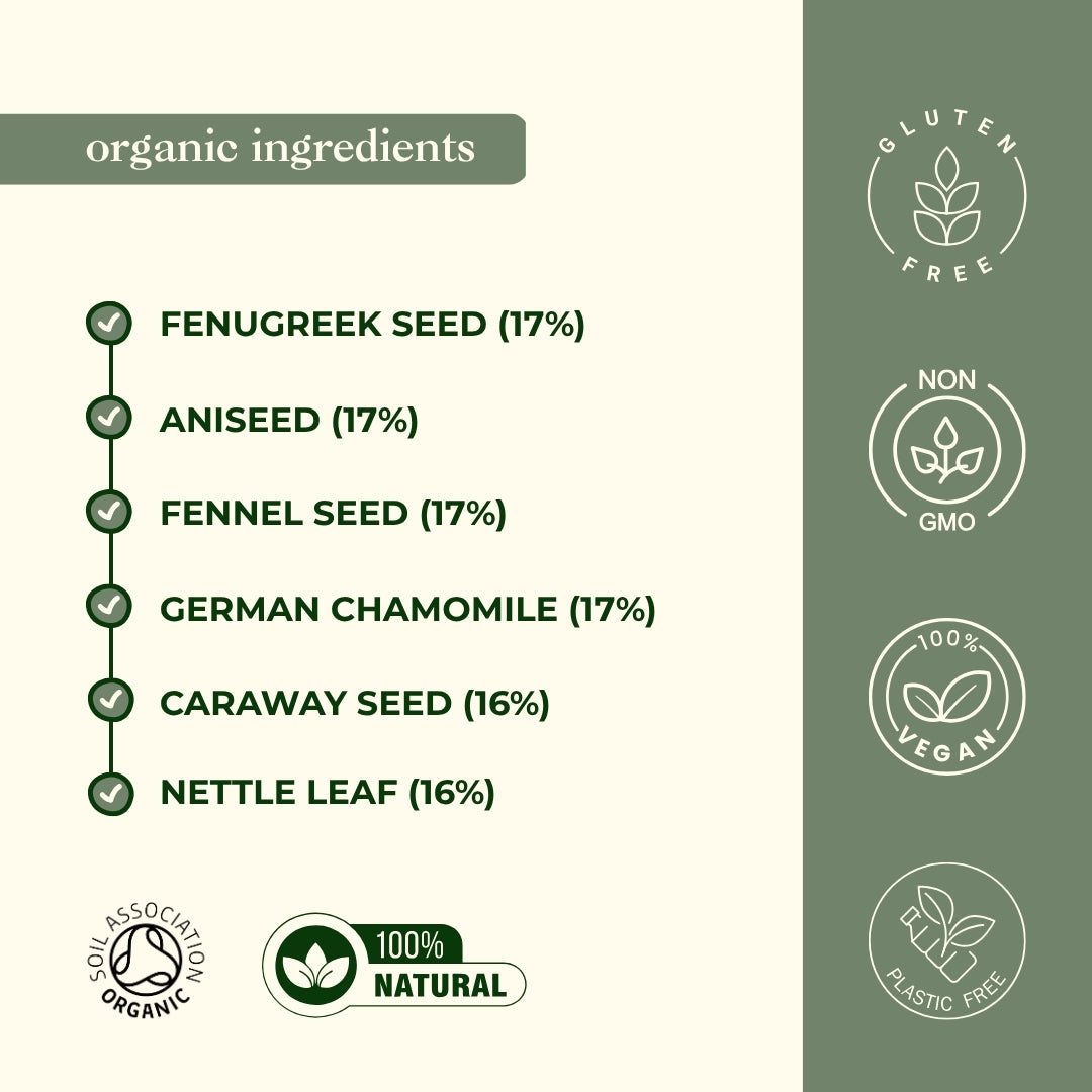 Organic Lactation Tea Ingredients - Fenugreek Aniseed Fennel Chamomile Caraway Nettle