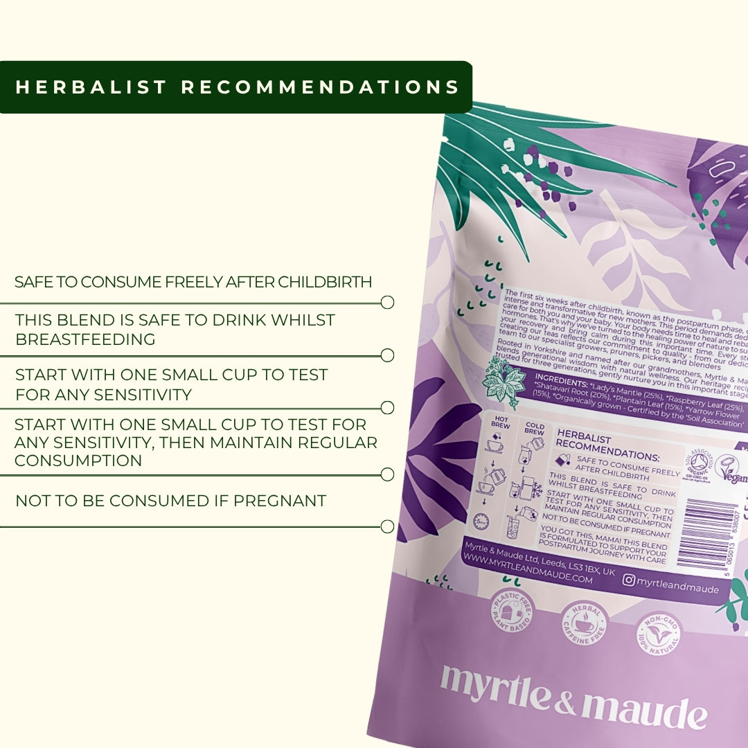Herbalist recommendations for postpartum recovery tea - safe after childbirth, breastfeeding friendly, supports healing and restoration