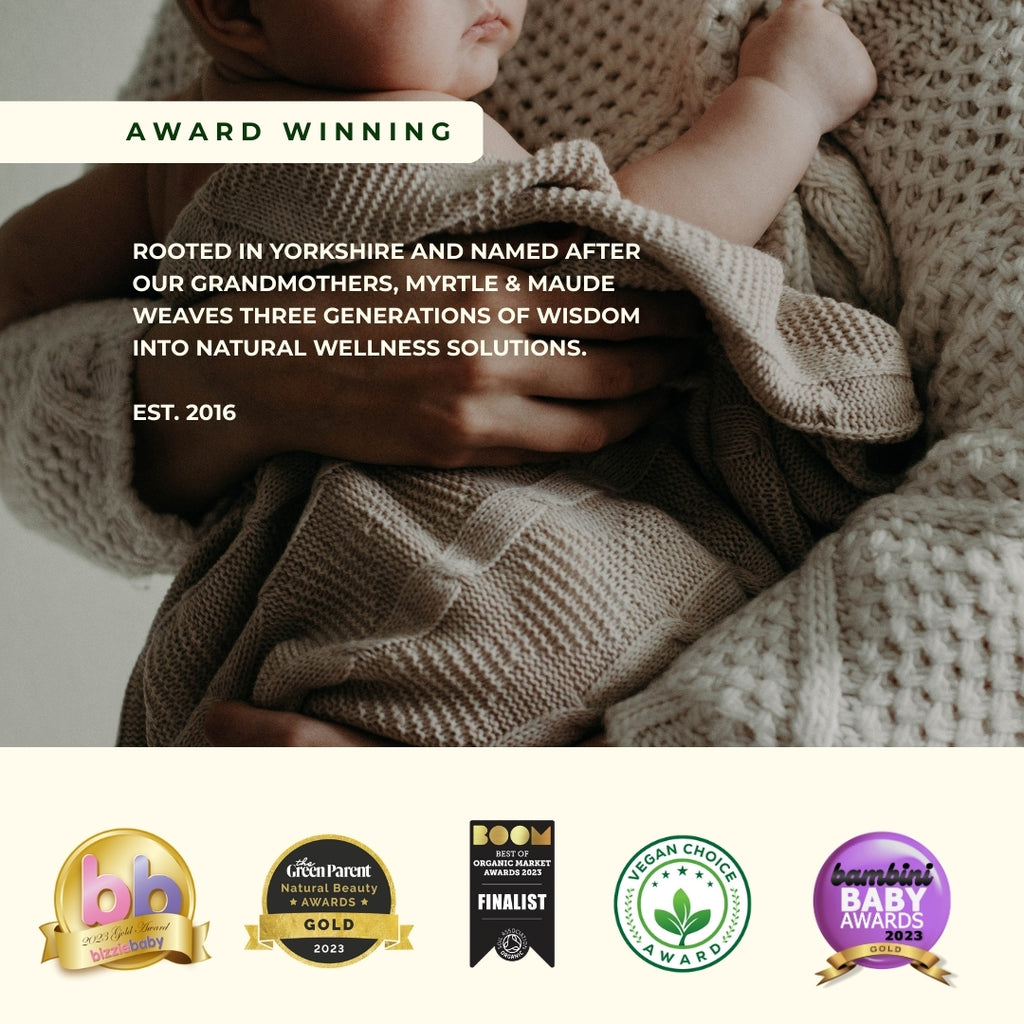 Award-winning Myrtle & Maude postpartum wellness company with sleeping baby - Yorkshire-based natural wellness brand established 2016, three generations of herbal wisdom creating aromatherapy solutions for new mothers' recovery