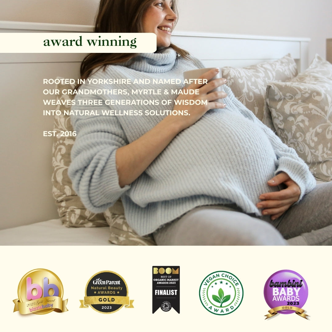 Award-winning Myrtle &amp; Maude labour support products with smiling pregnant woman - Yorkshire-based natural wellness brand established 2016, three generations of herbal wisdom creating aromatherapy solutions for natural childbirth and labour preparation